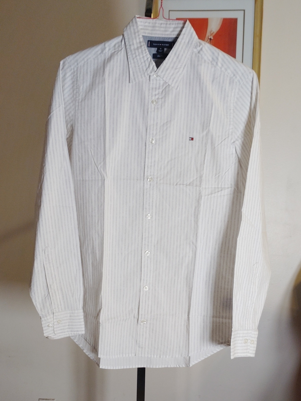 Tommy Hilfiger White with Light Gray Pinstripe Dress Shirt